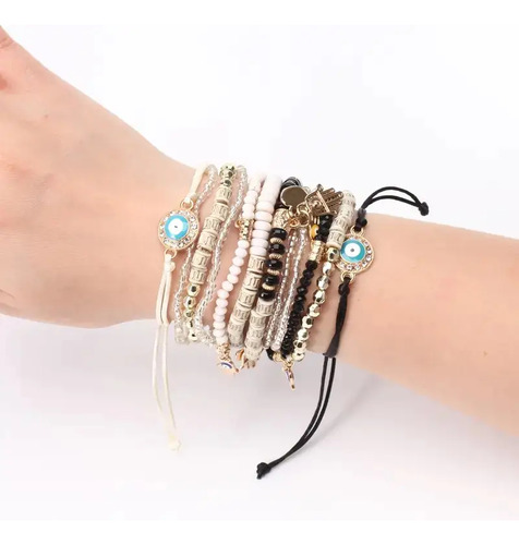 Set 6 Pulseras Piedra Boho Ojo Turco Brazalete Dama Bohemio Negro 43.18 Cm