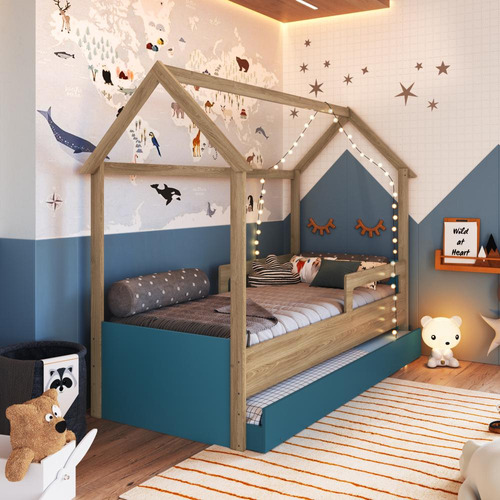 Cama Infantil Montessoriana Com Cama Auxiliar Aveiro E Azul