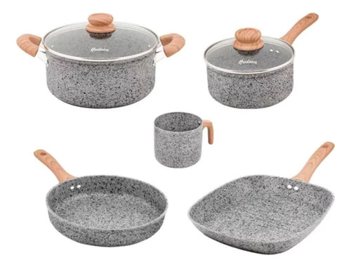 Set Batería Ollas+bifera+jarro Granito Forjado Stone 7 Pzs