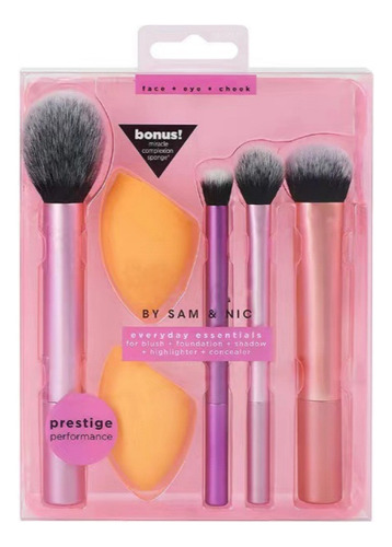 Everyday Essentials, Set de Brochas de Maquillaje con Esponjas Multifuncionales, Kit de Accesorios Esenciales, Juego de Brochas para Maquillar Ojos, Mejillas y Rostro, 6 piezas