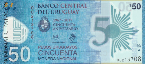 Billete 50 Pesos Uruguay Plastico Baja Num Corelativo S/circ