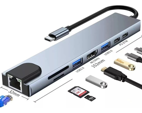 Hub Adaptador Usb Tipo C 8 En 1 - Macbook, Windows Ethernet