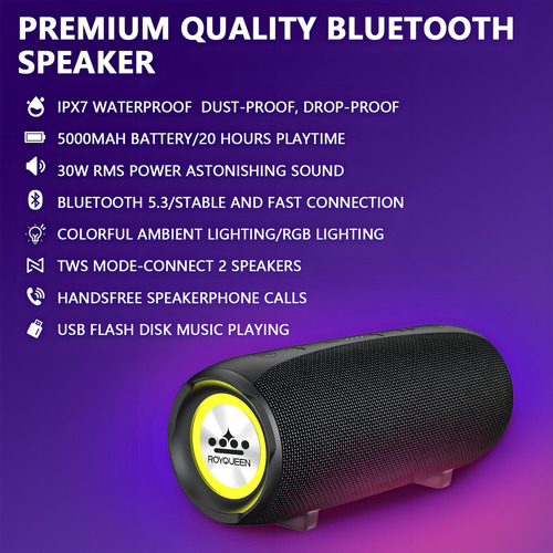Royqueen Bluetooth Speaker,30w Loud Stereo Sound Portable Sp