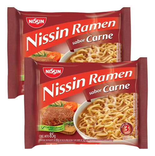 Ramen Nissin Sabor A Carne 85 Gr. Fideos En 3 Minutos X2