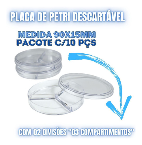 10 Peças De Placa De Petri Descartável 90x15 C/ 3 Divisões