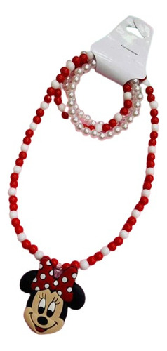 Kit Colar + 3 Pulseiras Minnie Mouse Infantil Vermelho