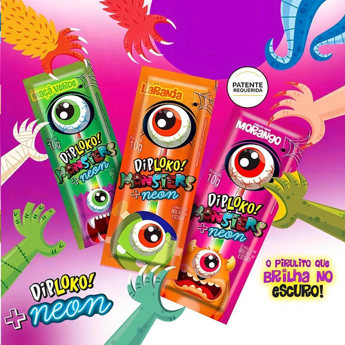 Pirulito Diploko Brilha No Escuro Monsters Olho Neon C/ 15