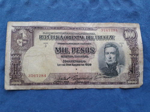 Billete De Uruguay De $ 1000 De 1939-1966 P-41c.1 Serie D