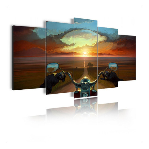 Quadro Mosaico 105x60cm Mod412 Moto Por Do Sol Estrada 5pçs