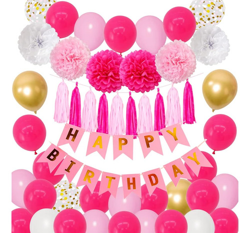 Kit Fiesta De Cumpleaños Rosa Dorado Globos Pompones 64pcs