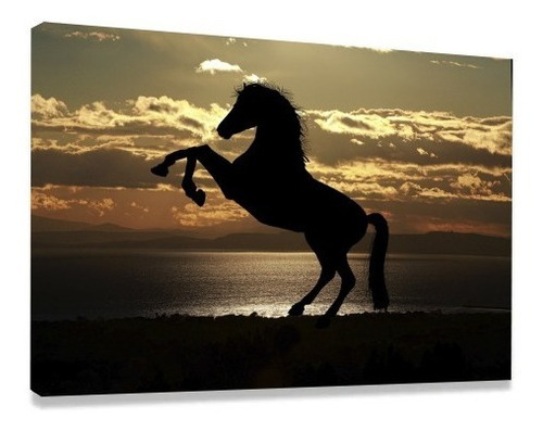 Quadro Decorativo Tela Sala Quarto Cavalo Negro Pôr Do Sol Cor Preto Cor da armação Borda Infinita