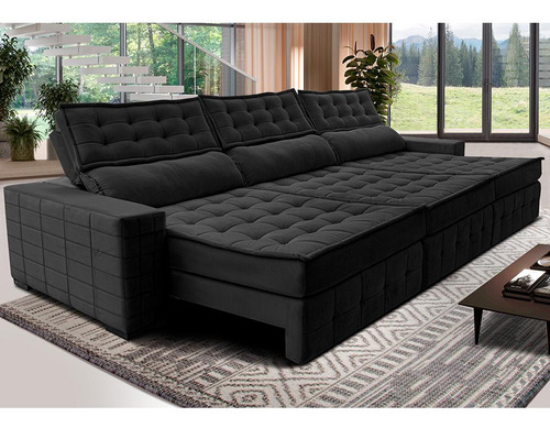 Sofá Retrátil 3,85m Cama Inbox Big Puffer. Com Softgel d40 Cor Preto