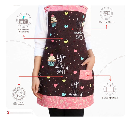 3 Mandil Cocina Repelente Multiusos Vero Hogar Algodón 70 Cm Mandil Frida