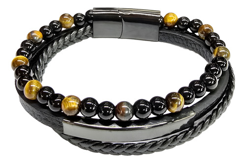 Pulsera Cuero Onix Ojo De Tigre Hebilla Magnética 3 En 1 Negro 6.5 Cm 21 Cm