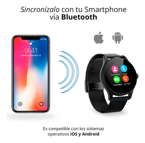 Smartwatch Reloj Inteligente Para Hombre Bluetooth Compatible Con Ios Android Microfono Integrado Pantalla High Definition 1.22 Pulgadas Llamadas Notificaciones Ritmo Cardiaco K88h Negro Redlemon