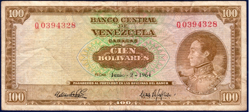 Billete De 100 Bolívares Q7 De Junio 2 De 1964 Simón Bolívar