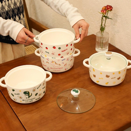 Bowl Tipo Olla Cerámica Tazon Para Ramen Tapa Vidrio