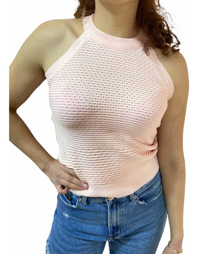 Top Halter Tejido Con Diseño De Perforaciones Colores Pastel