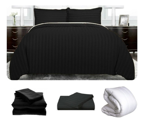 Imagen 1 de 5 de Set Duvet 8 Pzas Negro Líneas Microfibra Semidoble