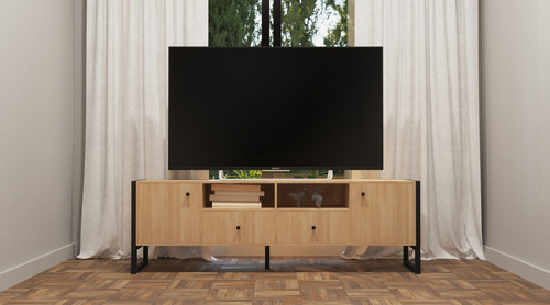 Rack Mesa De Tv Hasta 65 Linea Industrial Hierro - Melamina Roble Nebraska Natural No
