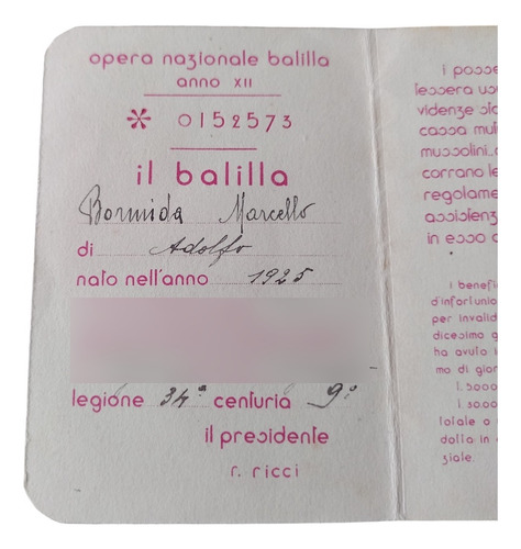 Italia 1934 Carnet Miembro De La Onb Opera Nazionale Balilla