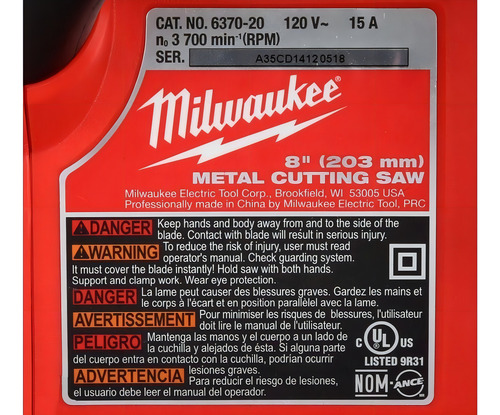 Cortadora De Metales De 8 PuLG Milwaukee 6370-21 32300154 Frecuencia 0