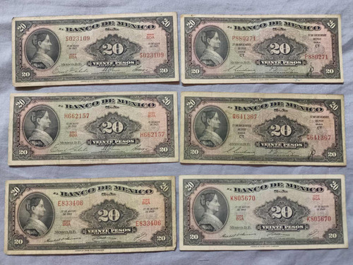 Billetes Antiguos De 20 Pesos De Los Años 1950, 1967 Y 1969