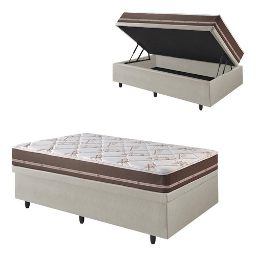 Base Box Baú 88x188 Courino Areia Com Colchão Classic Anjos