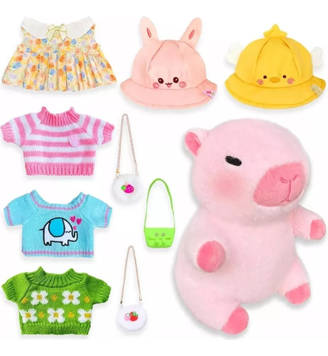 Peluche Capibara Con 10 Piezas De Ropa Y Accesorios