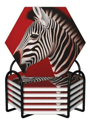 Posavasos Cerámicos Zebra Rojo, Juego De 6 Con Soporte Metál