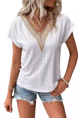 Blusa De Manga Corta Con Cuello En V Liso Y Hueco Para Mujer