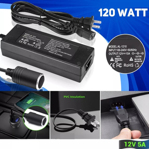 Lagom Convertidor De Corriente De 12 V 10 A, Adaptador De Automóvil De 100 V-240 V Ac A Cc, 12 Voltios 10 Amperios 120 W, Encendedor De Cigarrillos De Automóvil, Transformador De Fuente
