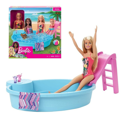 Muñeca Barbie 30cm Con Piscina Tobogan Y Accesorios - Niñas