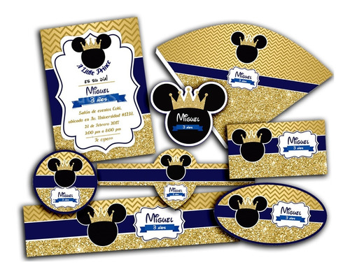 2x1 Kit Imprimible Mickey Rey Azul Y Dorado, Fiesta Infantil