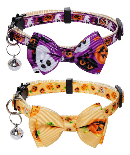 2 Collares De Gato De Halloween Con Campana Plateada Corbati