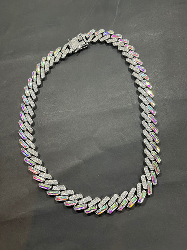 Cadena Collar Cubano Full Ice Drip Tornasolado Acero Plateado
