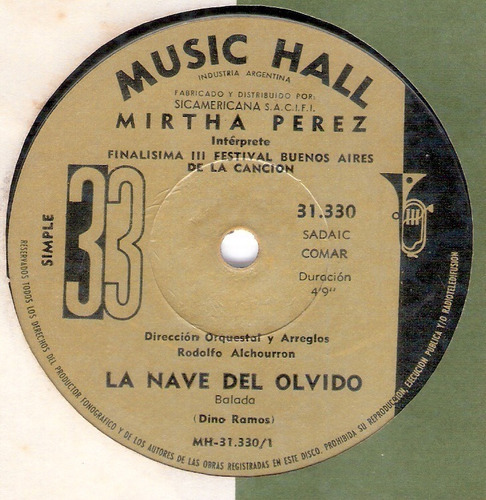 Mirtha Perez:la Nave Del Olvido-el Verano Llego/33 Simple Mh