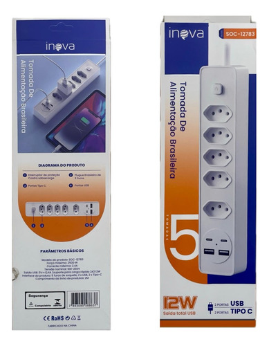 Extensão Elétrica 5 Tomadas 2 Usb 2 Tipo-c Bivolt