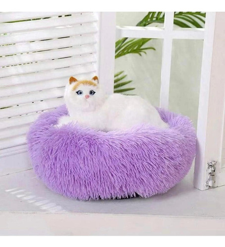 Cama Antiestres Felpa Peluda Mascotasgato Perro 40cm Beige Lila Nido