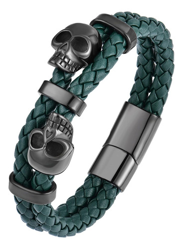 Pulsera De Cuero De Doble Hilera De Calavera Para Hombre Ray