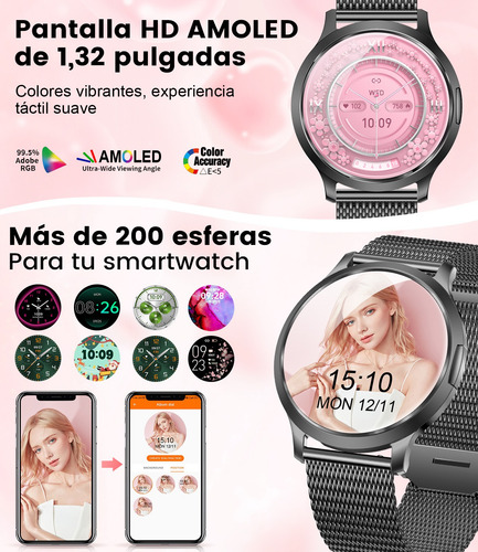 Lige Reloj Inteligente Mujer 1.43'' Amoled Llamada Bluetooth 100+ Modos Deportivos,monitoreo Menstrua Fv16-c Negra