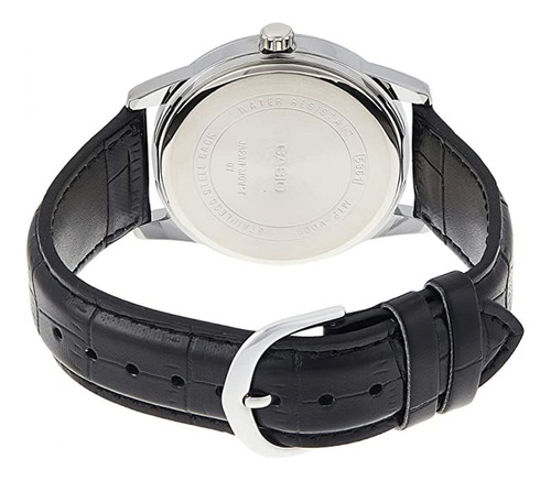 Reloj de pulsera Casio Enticer MTP-V001 de cuerpo color plateado, analógico, para hombre, fondo plateado, con correa de cuero color negro, agujas color plateado, dial negro, minutero/segundero negro, bisel color plateado y hebilla simple
