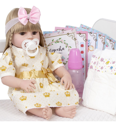Boneca Reborn Realista Loira Com Diversos Itens