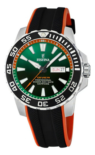 Reloj Festina F20662.2  Hombre The Originals/diver Verde Color De La Malla Negro/naranja Color Del Bisel Plateado