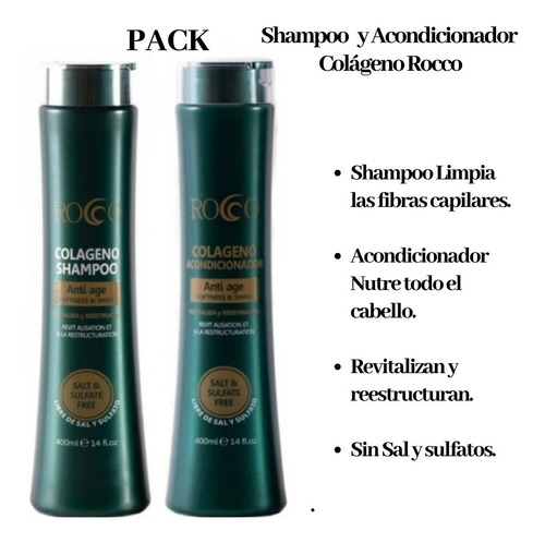 Imagen 1 de 3 de  Shampoo Acondicionador Rocco Colageno- Sin Sal -nutre- Pack