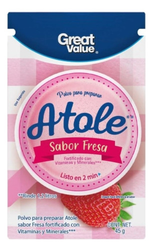 10 Pzas Polvo Para Preparar Atole Great Value Sabor Fresa 45