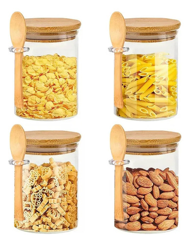 05.05 4 Tarros De Vidrio Con Tapas Y Cucharas De Bambú, Con