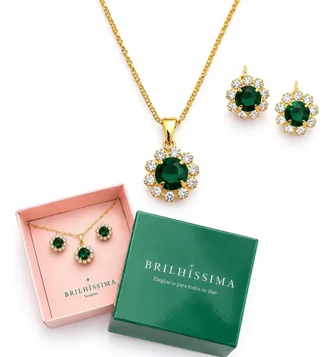 Conjunto Colar Brinco Zirconia  Folheado A Ouro Presente