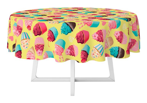 Toalha De Mesa Redonda Cupcakes 140x140cm Cor Amarela Cupcake