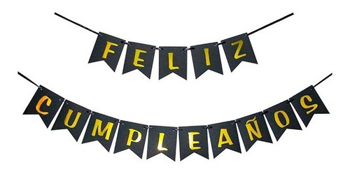 Banderin Feliz Cumpleaños Negro Y Letras Dorado Deco Cumple